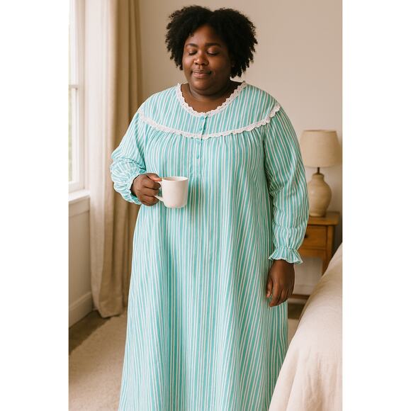 Vintage Style Cozee Corner 4X Cotton Lace Yoke Nightgown Blue Stripe cottagecore - Picture 1 of 8